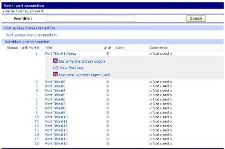 Serial port connection /serial /serial_connect Port title : Search Port access menu connection Port access menu connection Individual port connection Status Unit Port# Title # of User Comments 1 Port Title#1 Alpha 0 < Not used > Serial Terminal Connection [V] View Port Log Rackable Systems Mgmt Card 2 Port Title#2 0 < Not used > 3 Port Title#3 0 < Not used > 4 Port Title#4 0 < Not used > 5 Port Title#5 0 < Not used > 6 Port Title#6 0 < Not used > 7 Port Title#7 0 < Not used > 8 Port Title#8 0 < Not used > 9 Port Title#9 0 < Not used > 10 Port Title#10 0 < Not used > 11 Port Title#11 0 < Not used > 12 Port Title#12 0 < Not used > 13 Port Title#13 0 < Not used > 14 Port Title#14 0 < Not used > 15 Port Title#15 0 < Not used > 16 Port Title#16 0 < Not used >