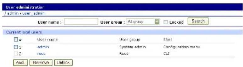 User administration /admin / user_admin User name : User group : All group Locked Search Current local users □ # User name User group Shell □ 1 admin System admin Configuration menu □ 2 root Root CLI Add Remove Unlock