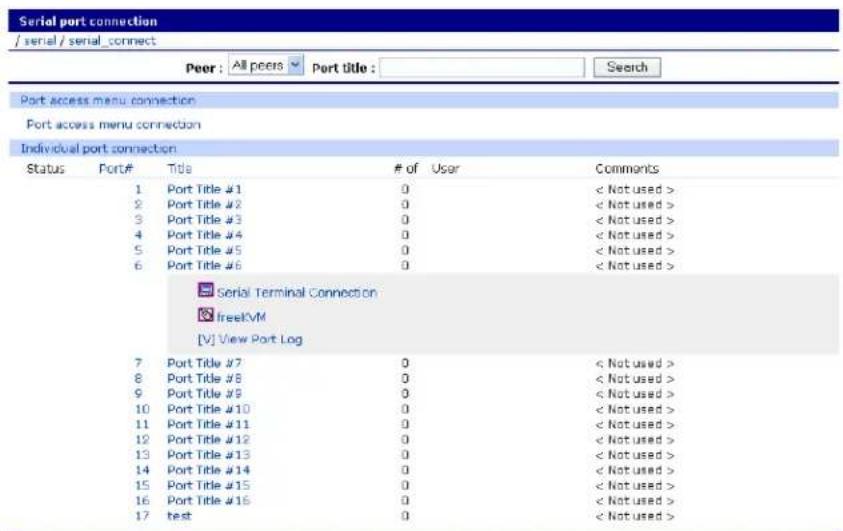 Serial port connection / serial / serial_connect Peer: All peers Port title: Search Port access menu connection Port access menu connection Individual port connection Status Port# Title # of User Comments 1 Port Title #1 0 < Not used > 2 Port Title #2 0 < Not used > 3 Port Title #3 0 < Not used > 4 Port Title #4 0 < Not used > 5 Port Title #5 0 < Not used > 6 Port Title #6 0 < Not used > Serial Terminal Connection freeKVM [V] View Port Log 7 Port Title #7 0 < Not used > 8 Port Title #8 0 < Not used > 9 Port Title #9 0 < Not used > 10 Port Title #10 0 < Not used > 11 Port Title #11 0 < Not used > 12 Port Title #12 0 < Not used > 13 Port Title #13 0 < Not used > 14 Port Title #14 0 < Not used > 15 Port Title #15 0 < Not used > 16 Port Title #16 0 < Not used > 17 test 0 < Not used >