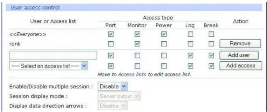 User access control User or Access list <> ronk — Select an access list — Access type Port Monitor Power Log Break Action Remove Add user Add access Move to Access lists to edit access list. Enable/Disable multiple session : Disable Session display mode : Server output Display data direction arrows : Disable