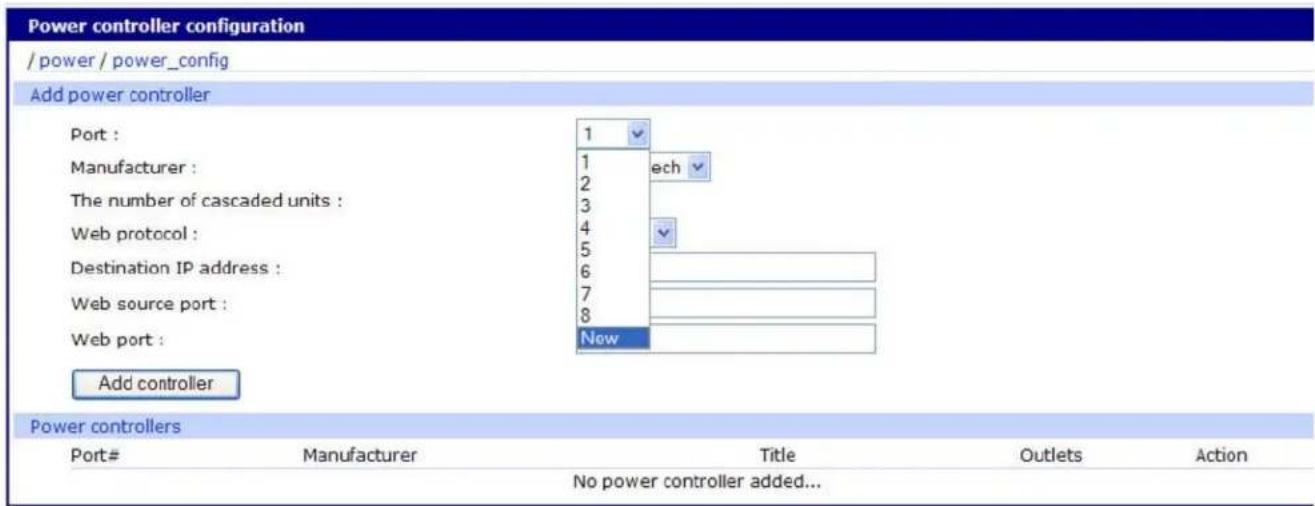 Power controller configuration / power / power_config Add power controller Port : Manufacturer : The number of cascaded units : Web protocol : Destination IP address : Web source port : Web port : Add controller Power controllers Port# Manufacturer Title Outlets Action No power controller added...