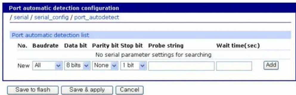Port automatic detection configuration / serial / serial_config / port_autodetect Port automatic detection list No. Baudrate Data bit Parity bit Stop bit Probe string Wait time(sec) No serial parameter settings for searching New All 8 bits None 1 bit Add Save to flash Save & apply Cancel