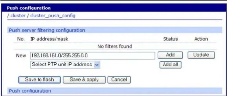Push configuration / cluster / cluster_push_config Push server filtering configuration No. IP address/mask Status Action No filters found New 192.168.161.0/255.255.0.0 Add Update Select PTP unit IP address Add all Save to flash Save & apply Cancel Push configuration