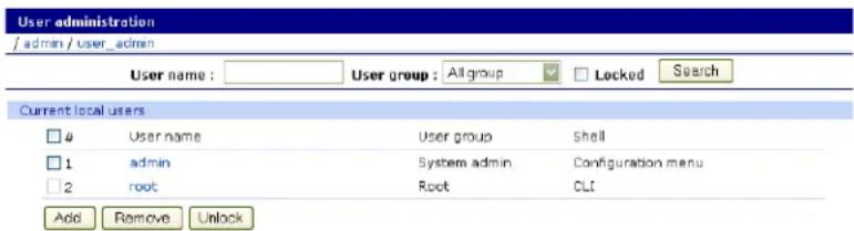 User administration /admin / user_admin User name : User group : All group Locked Search Current local users □ 4 User name User group Shell □ 1 admin System admin Configuration menu □ 2 root Root CLT Add Remove Unlock