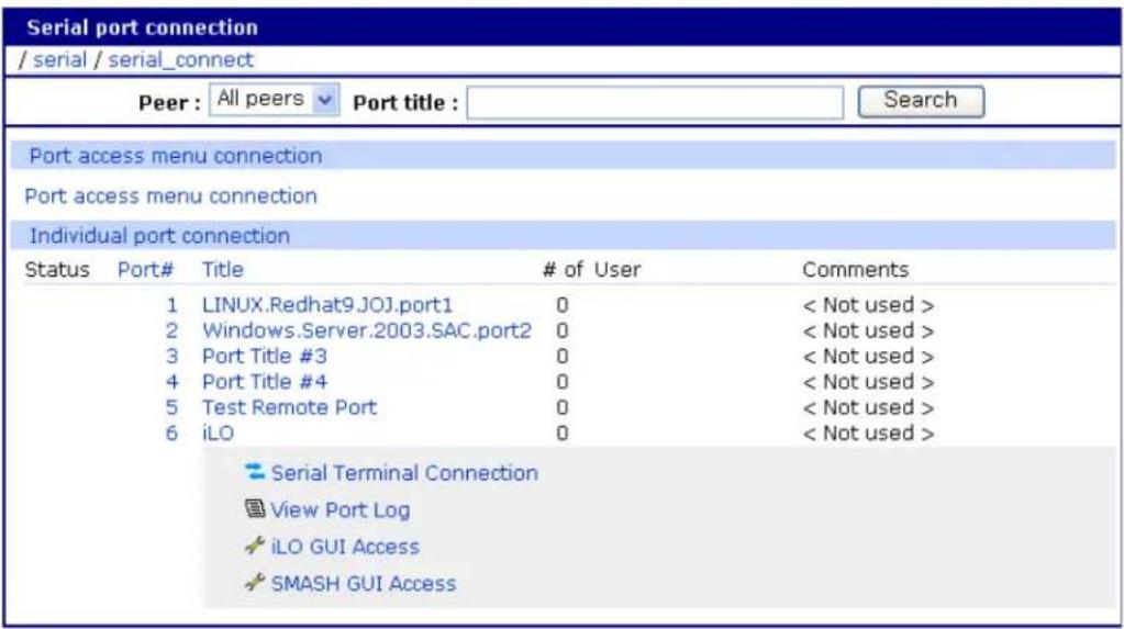 Serial port connection / serial / serial_connect Peer : All peers Port title : Search Port access menu connection Port access menu connection Individual port connection Status Port# Title # of User Comments 1 LINUX.Redhat9.JOJ.port1 0 < Not used > 2 Windows.Server.2003.SAC.port2 0 < Not used > 3 Port Title #3 0 < Not used > 4 Port Title #4 0 < Not used > 5 Test Remote Port 0 < Not used > 6 iLO 0 < Not used > Serial Terminal Connection View Port Log iLO GUI Access SMASH GUI Access