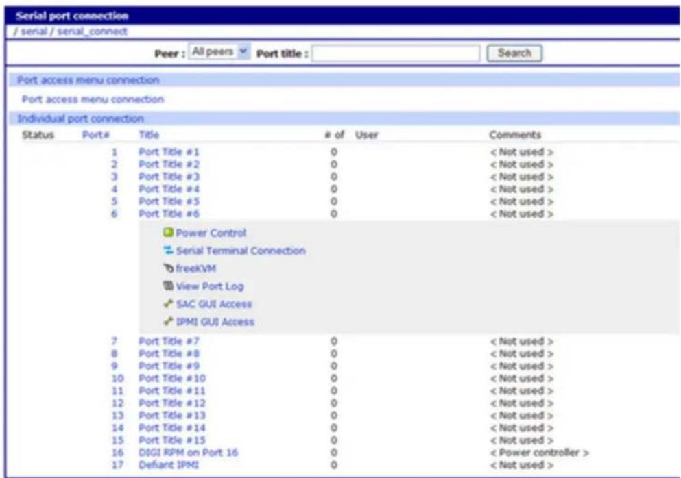 Serial port connection / serial / serial_connect Peer : All peers Port title : Search Port access menu connection Port access menu connection Individual port connection Status Port# Title # of User Comments 1 Port Title #1 0 < Not used > 2 Port Title #2 0 < Not used > 3 Port Title #3 0 < Not used > 4 Port Title #4 0 < Not used > 5 Port Title #5 0 < Not used > 6 Port Title #6 0 < Not used > Power Control Serial Terminal Connection freeKVM View Port Log SAC GUI Access IPMI GUI Access 7 Port Title #7 0 < Not used > 8 Port Title #8 0 < Not used > 9 Port Title #9 0 < Not used > 10 Port Title #10 0 < Not used > 11 Port Title #11 0 < Not used > 12 Port Title #12 0 < Not used > 13 Port Title #13 0 < Not used > 14 Port Title #14 0 < Not used > 15 Port Title #15 0 < Not used > 16 DIGI RPM on Port 16 0 < Power controller > 17 Defiant IPMI 0 < Not used >