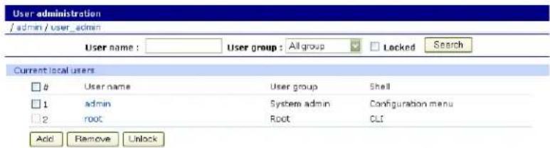 User administration /admin / user_admin User name : User group : All group Locked Search Current local users User name User group Shell 1 admin System admin Configuration menu 2 root Root CLI Add Remove Unlock