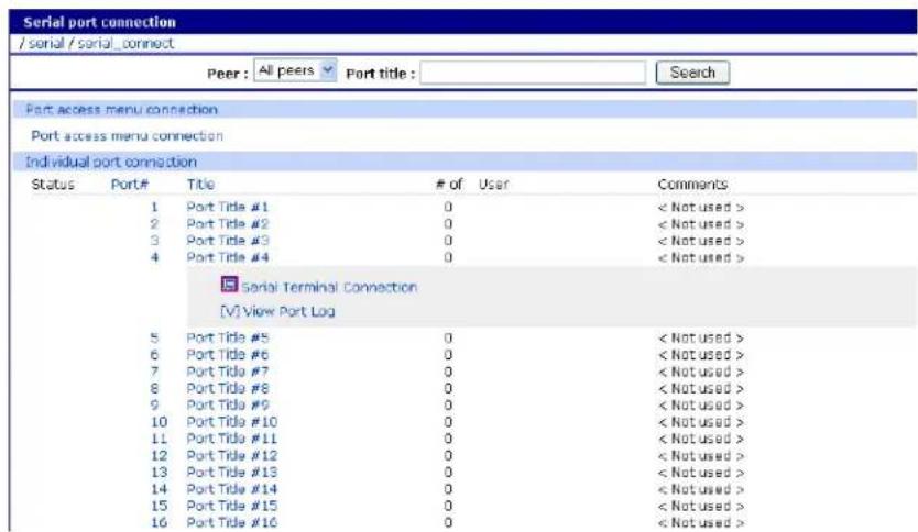 Serial port connection / serial / serial_connect Peer: All peers Port title: Search Port access menu connection Port access menu connection Individual port connection Status Port# Title # of User Comments 1 Port Title #1 0 < Not used > 2 Port Title #2 0 < Not used > 3 Port Title #3 0 < Not used > 4 Port Title #4 0 < Not used > Serial Terminal Connection [V] View Port Log 5 Port Title #5 0 < Not used > 6 Port Title #6 0 < Not used > 7 Port Title #7 0 < Not used > 8 Port Title #8 0 < Not used > 9 Port Title #9 0 < Not used > 10 Port Title #10 0 < Not used > 11 Port Title #11 0 < Not used > 12 Port Title #12 0 < Not used > 13 Port Title #13 0 < Not used > 14 Port Title #14 0 < Not used > 15 Port Title #15 0 < Not used > 16 Port Title #16 0 < Not used >