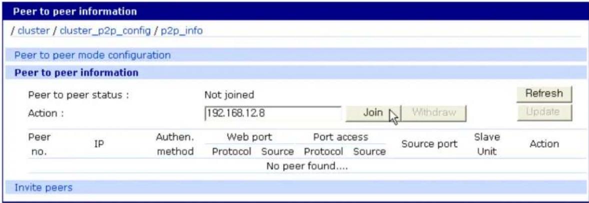 Peer to peer information / cluster / cluster_p2p_config / p2p_info Peer to peer mode configuration Peer to peer information Peer to peer status : Not joined Action : 192.168.12.8 Join Withdraw Refresh Update Peer no. IP Authen. Method Web port Port access Protocol Source Protocol Source Source port Slave Unit Action No peer found.... Invite peers