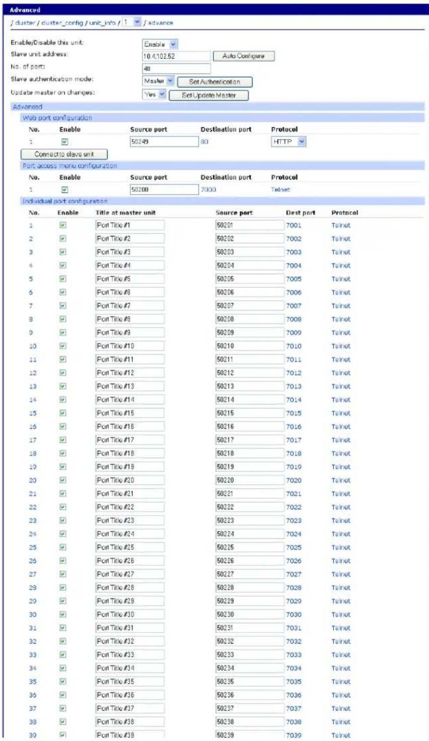 Advanced / cluster / cluster_config / unit_info / 1 / advance Enable/Disable this unit: Enable Slave unit address: 10.4.102.52 Auto Configure No. of port: 48 Slave authentication mode: Master Set Authentication Update master on changes: Yes Set Update Master Advanced Web port configuration No. Enable Source port Destination port Protocol 1 ✓ 50249 80 HTTP ✓ Connect to slave unit Port access menu configuration No. Enable Source port Destination port Protocol 1 ✓ 50200 7000 Telnet Individual port configuration No. Enable Title at master unit Source port Dest port Protocol 1 ✓ Port Title #1 50201 7001 Telnet 2 ✓ Port Title #2 50202 7002 Telnet 3 ✓ Port Title #3 50203 7003 Telnet 4 ✓ Port Title #4 50204 7004 Telnet 5 ✓ Port Title #5 50205 7005 Telnet 6 ✓ Port Title #6 50206 7006 Telnet 7 ✓ Port Title #7 50207 7007 Telnet 8 ✓ Port Title #8 50208 7008 Telnet 9 ✓ Port Title #9 50209 7009 Telnet 10 ✓ Port Title #10 50210 7010 Telnet 11 ✓ Port Title #11 50211 7011 Telnet 12 ✓ Port Title #12 50212 7012 Telnet 13 ✓ Port Title #13 50213 7013 Telnet 14 ✓ Port Title #14 50214 7014 Telnet 15 ✓ Port Title #15 50215 7015 Telnet 16 ✓ Port Title #16 50216 7016 Telnet 17 ✓ Port Title #17 50217 7017 Telnet 18 ✓ Port Title #18 50218 7018 Telnet 19 ✓ Port Title #19 50219 7019 Telnet 20 ✓ Port Title #20 50220 7020 Telnet 21 ✓ Port Title #21 50221 7021 Telnet 22 ✓ Port Title #22 50222 7022 Telnet 23 ✓ Port Title #23 50223 7023 Telnet 24 ✓ Port Title #24 50224 7024 Telnet 25 ✓ Port Title #25 50225 7025 Telnet 26 ✓ Port Title #26 50226 7026 Telnet 27 ✓ Port Title #27 50227 7027 Telnet 28 ✓ Port Title #28 50228 7028 Telnet 29 ✓ Port Title #29 50229 7029 Telnet 30 ✓ Port Title #30 50230 7030 Telnet 31 ✓ Port Title #31 50231 7031 Telnet 32 ✓ Port Title #32 50232 7032 Telnet 33 ✓ Port Title #33 50233 7033 Telnet 34 ✓ Port Title #34 50234 7034 Telnet 35 ✓ Port Title #35 50235 7035 Telnet 36 ✓ Port Title #36 50236 7036 Telnet 37 ✓ Port Title #37 50237 7037 Telnet 38 ✓ Port Title #38 50238 7038 Telnet 39 ✓ Port Title #39 50239 7039 Telnet