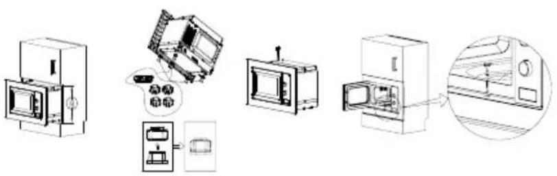 Technical diagram showing exploded view of a microwave oven with labeled components and a close-up detail view.