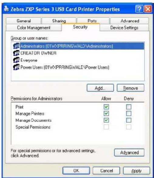 Zebra ZXP Series 3 USB Card Printer Properties General Sharing Ports Advanced Color Management Security Device Settings Group or user names: Administrators (01wXPRRINGWALD\Administrators) CREATOR OWNER Everyone Power Users (01wXPRRINGWALD\Power Users) Add... Remove Permissions for Administrators Allow Deny Print ✓ □ Manage Printers ✓ □ Manage Documents ✓ □ Special Permissions □ □ For special permissions or for advanced settings. click Advanced. Advanced OK Cancel Apply