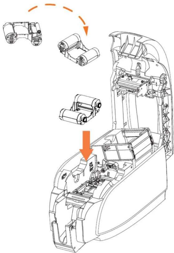Technical diagram showing exploded view of a mechanical device with labeled components and an orange arrow indicating assembly or disassembly.