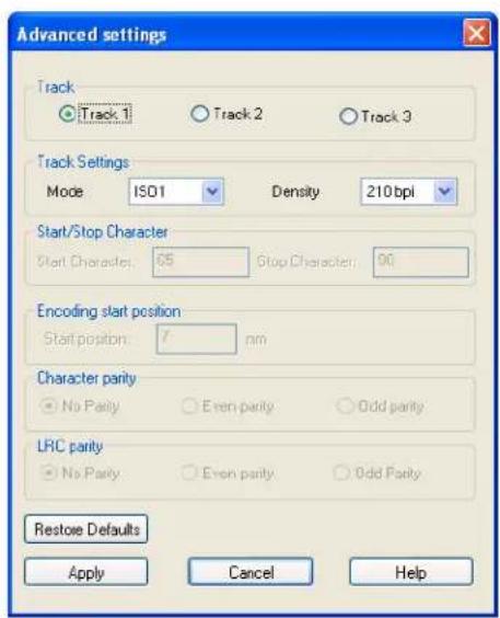 Advanced settings Track Track 1 Track 2 Track 3 Track Settings Mode ISO1 Density 210 bpi Start/Stop Character Start Character: 65 Stop Character: 90 Encoding start position Start position: 7 nm Character parity No Parity Even parity Odd parity LRC parity No Parity Even parity Odd Parity Restore Defaults Apply Cancel Help