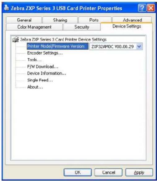 Zebra ZXP Series 3 USB Card Printer Properties General Sharing Ports Advanced Color Management Security Device Settings Zebra ZXP Series 3 Card Printer Device Settings Printer Model/Firmware Version ZIP32AM0C Y00.00.29 Encoder Settings... Tools... F/W Download... Device Information... Single Feed... About...