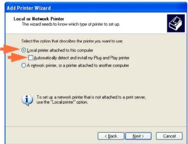 Add Printer Wizard Local or Network Printer The wizard needs to know which type of printer to set up. Select the option that describes the printer you want to use: ○ Local printer attached to this computer □ Automatically detect and install my Plug and Play printer ○ A network printer, or a printer attached to another computer To set up a network printer that is not attached to a print server, use the "Local printer" option. < Back Next > Cancel