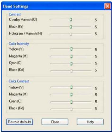 Head Settings Contrast Overlay Varnish (O) —— 5 Black (Kr) —— 5 Hologram / Varnish (H) —— 5 Color Intensity Yellow (Y) —— 5 Magenta (M) —— 5 Cyan (C) —— 5 Black (Kd) —— 5 Color Contrast Yellow (Y) —— 5 Magenta (M) —— 5 Cyan (C) —— 5 Black (Kd) —— 5 Restore defaults Close Help