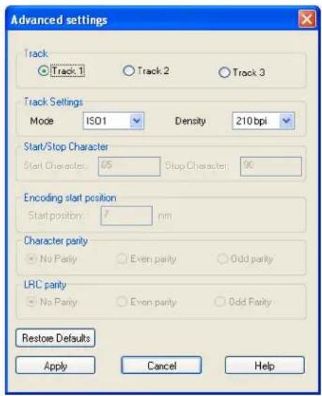 Advanced settings Track Track 1 Track 2 Track 3 Track Settings Mode ISO1 Density 210 bpi Start/Stop Character Start Character: 65 Stop Character: 90 Encoding start position Start position: 7 nm Character parity No Parity Even parity Odd parity LRC parity No Parity Even parity Odd Parity Restore Defaults Apply Cancel Help