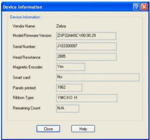 Device Information Vendor Name: Zebra Model/Firmware Version: ZKP32AM0C V00.00.29 Serial Number: J103300087 Head Resistance 2885 Magnetic Encoder: Yes Smart card: No Panels printed: 1862 Ribbon Type: YMCKO H Remaining Count: N/A Close Help