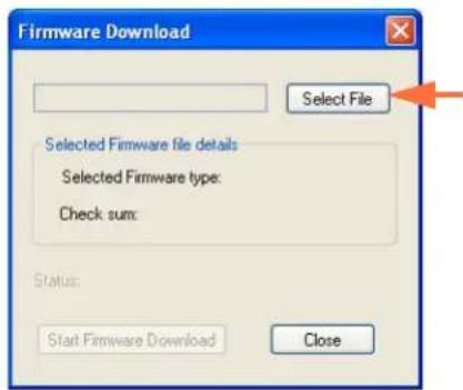 Firmware Download Select File Selected Firmware file details Selected Firmware type: Check sum: Status: Start Firmware Download Close