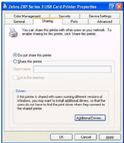 Zebra ZXP Series 3 USB Card Printer Properties Color Management Security Device Settings General Sharing Ports Advanced You can share this printer with other users on your network. To enable sharing for this printer, click Share this printer. Do not share this printer Share this printer Share name: List in the directory Drivers If this printer is shared with users running different versions of Windows, you may want to install additional drivers, so that the users do not have to find the print driver when they connect to the shared printer. Additional Drivers... OK Cancel Apply