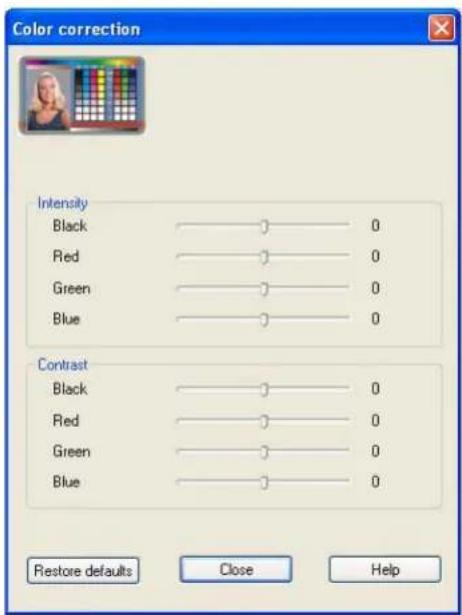 Color correction Intensity Black 0 Red 0 Green 0 Blue 0 Contrast Black 0 Red 0 Green 0 Blue 0 Restore defaults Close Help