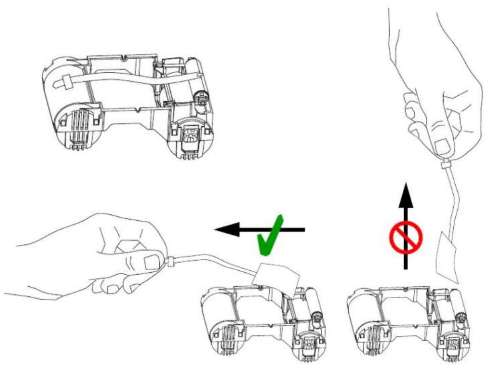 Diagram illustrating a hand holding a cable to connect two game controllers, with directional arrows and a no-smoking symbol indicating disconnection or prohibition.