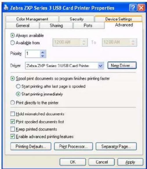 Zebra ZXP Series 3 USB Card Printer Properties Color Management Security Device Settings General Sharing Ports Advanced ● Always available ○ Available from 12:00 AM To 12:00 AM Priority: 1 Driver: Zebra ZXP Series 3 USB Card Printer New Driver... ● Spool print documents so program finishes printing faster ○ Start printing after last page is spooled ● Start printing immediately ○ Print directly to the printer □ Hold mismatched documents ✓ Print spooled documents first □ Keep printed documents ✓ Enable advanced printing features Printing Defaults... Print Processor... Separator Page... OK Cancel Apply