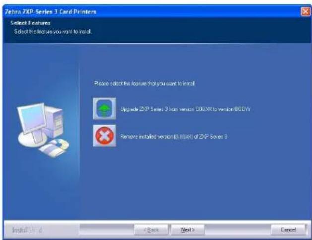Zebra ZIP Series 3 Card Printers Select Features Select the feature you want to install. Please select the feature that you want to install Upgrade ZIP Series 3 from version 100.00X to version 00.00Y Remove installed version(10.00X) of ZIP Series 3 Install Site: < Back Next > Cancel