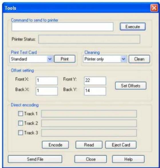 Tools Command to send to printer Execute Printer Status: Print Test Card Standard Print Cleaning Printer only Clean Offset setting Front X: 1 Front Y: 22 Back X: 1 Back Y: 14 Set Offsets Direct encoding Track 1 Track 2 Track 3 Encode Read Eject Card Send File Close Help