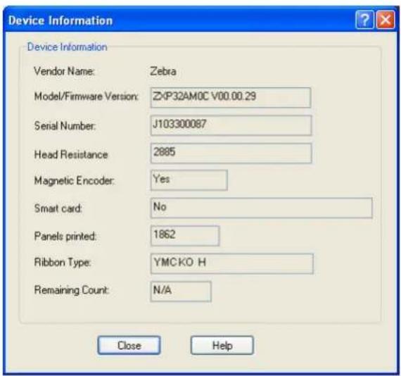 Device Information Vendor Name: Zebra Model/Firmware Version: ZKP32AM0C V00.00.29 Serial Number: J103300087 Head Resistance 2885 Magnetic Encoder: Yes Smart card: No Panels printed: 1862 Ribbon Type: YMCKO H Remaining Count: N/A Close Help