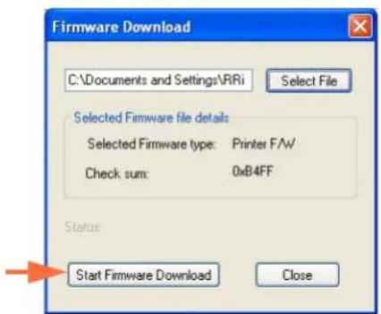 Firmware Download C:\Documents and Settings\RRi Select File Selected Firmware file details: Selected Firmware type: Printer F/W Check sum: 0xB4FF Status: Start Firmware Download Close