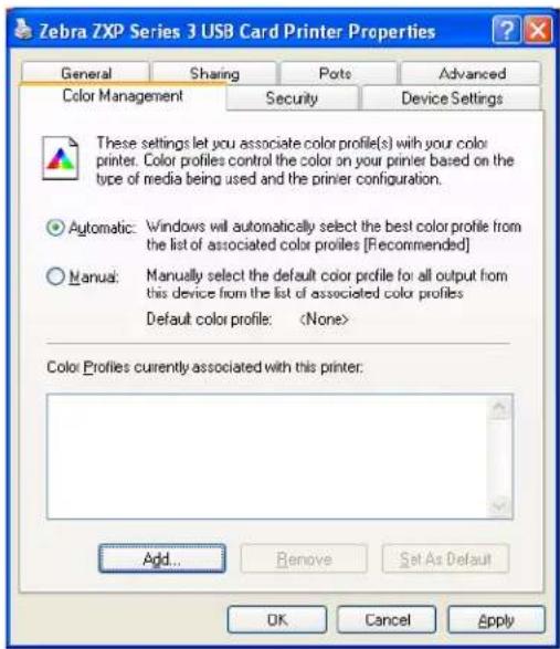 Zebra ZXP Series 3 USB Card Printer Properties General Sharing Ports Advanced Color Management Security Device Settings These settings let you associate color profile(s) with your color printer. Color profiles control the color on your printer based on the type of media being used and the printer configuration. Automatic: Windows will automatically select the best color profile from the list of associated color profiles [Recommended] Manual: Manually select the default color profile for all output from this device from the list of associated color profiles Default color profile: Color Profiles currently associated with this printer: Add... Remove Set As Default OK Cancel Apply