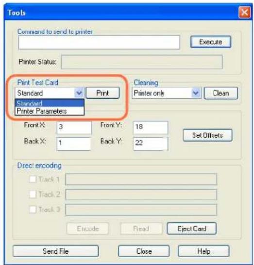 Tools Command to send to printer Execute Printer Status: Print Test Card Standard Print Cleaning Printer only Clean Standard Printer Parameters Front X: 3 Front Y: 18 Back X: 1 Back Y: 22 Set Offsets Direct encoding Track 1 Track 2 Track 3 Encode Read Eject Card Send File Close Help