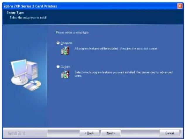 /obra ZXP Series 3 Card Printers Setup Type Select the setup type to install Please select a setup type. Complete All program features will be installed (Requires the most disk space) Custom Select which program features you want installed. Recommended for advanced users Install Shift > < Back Next > Cancel