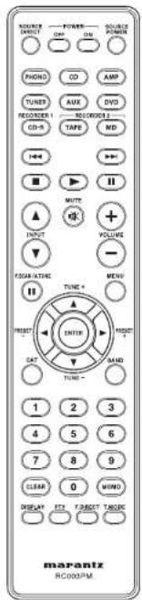 SOURCE DIRECT OFF ON SOURCE POWER PHONE CO AMP TUNET AUX DVD RECORNER 1 RECORDER 2 CD-ROM TAPE WD I-4 MUTY INPUT VOLUME FOSAR-LATINE MENU TUNE + RESET ENTER READ 1 SAND TUNE - 1 2 3 4 5 6 7 8 9 CLEAR 0 WORD DISPLAY E72 DIRECT TAX2C marantz RC0007PM