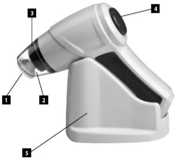 Labeled diagram of a white spray gun with numbered parts for identification
