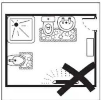 Floor plan diagram with lighting fixtures and a black X mark indicating a blocked area