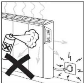 Safety warning illustration showing a fire extinguisher emitting smoke from a wall-mounted electrical outlet, with a cross symbol indicating no explosion.