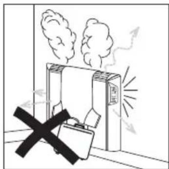 Safety warning illustration showing a device emitting smoke with a 'No Entry' symbol crossed out, indicating no exit or absence.