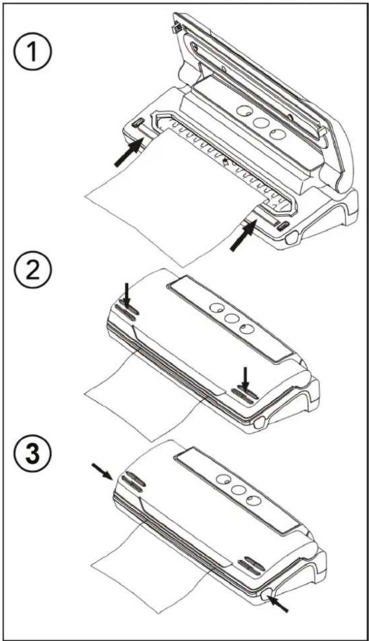 Technical diagram showing three-step assembly steps of a printer or printer with labeled arrows indicating process flow.
