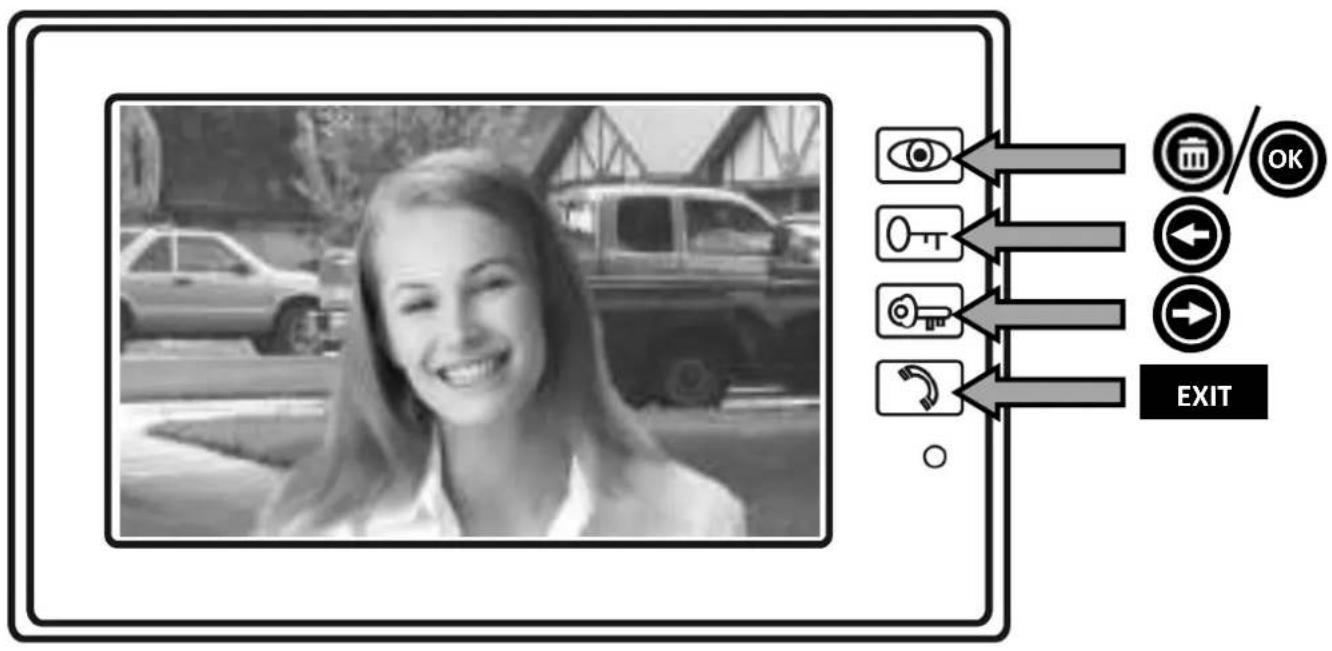 Black-and-white photo of a smiling woman in a car with an eye icon and navigation buttons labeled 'EXIT' and 'OK'.