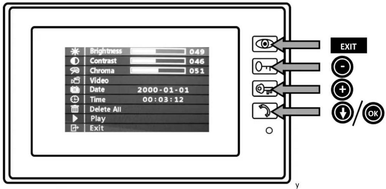 Brightness 049 Contrast 046 Chroma 051 Video Date 2000-01-01 Time 00:03:12 Delete All Play Exit EXIT - + -/OK y