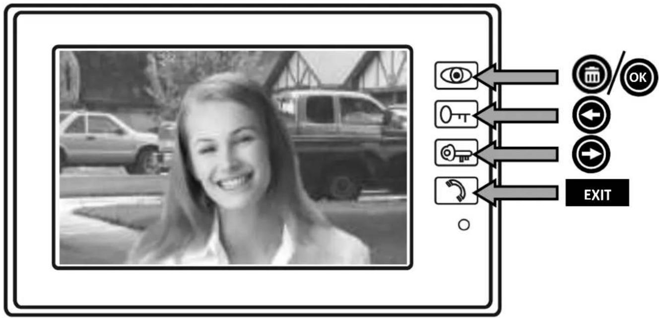 Black-and-white photo of a smiling woman in a car with an eye icon and navigation buttons labeled 'EXIT' and 'OK'.