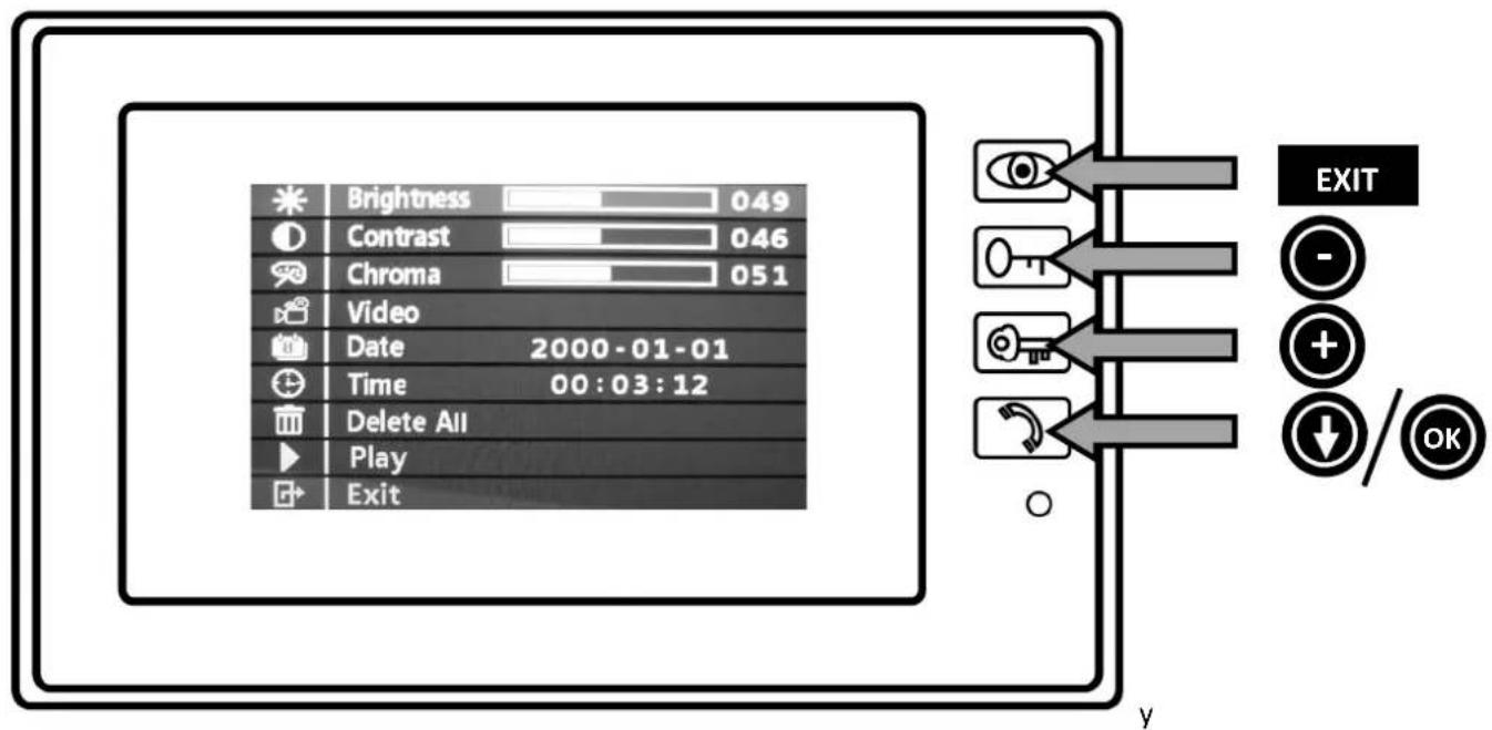 Brightness 049 Contrast 046 Chroma 051 Video Date 2000-01-01 Time 00:03:12 Delete All Play Exit EXIT - + -/OK y