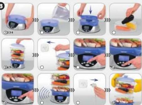 Step-by-step cooking process for a blender, showing step 1 of adding food to a digital kitchen appliance with a knife.