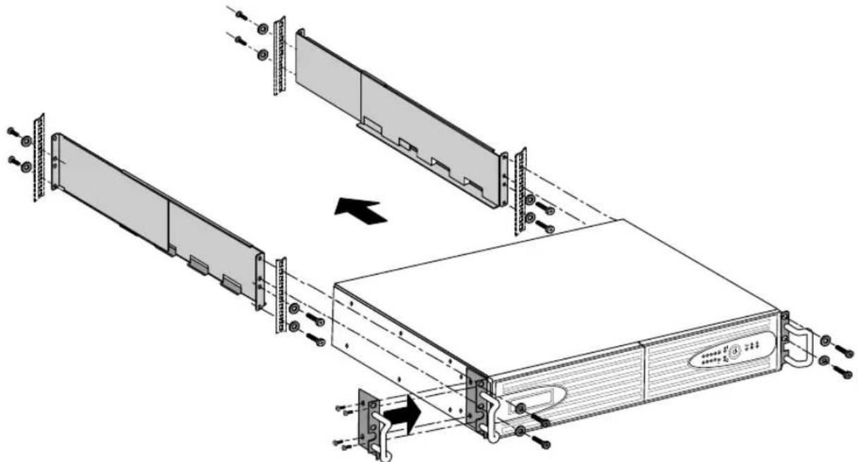 Technical diagram showing assembly of a server rack with labeled components and directional arrows indicating assembly steps.