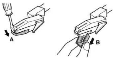 Technical diagram showing two mechanical assembly steps labeled A and B, with arrows indicating direction of movement.