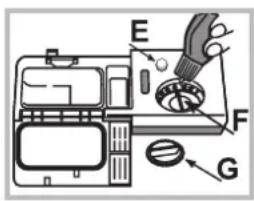 Diagram of a refrigerator interior with labeled parts E, F, G and a handle mechanism