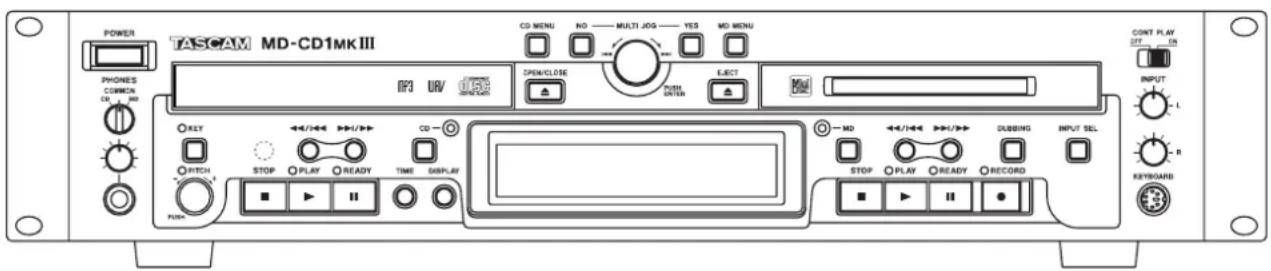 POWER TASCAM MD-CD1MK III CD MENU NO MULTI JOS YES MD MENU PHONES COMMUN CAI 200 SPIN/CLOSE ELECT MINI CONT PLAY OFF CO INPUT L R KEY STOP PLAY READY TIME DISPLAY STOP PLAY READY RECORD KONDBRAND
